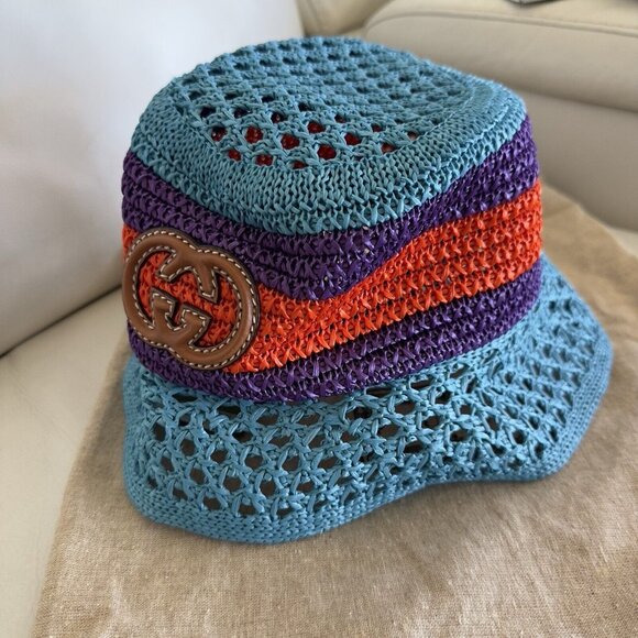 NWT GUCCI  Gg-Logo Striped Faux-Raffia Hat $750 SZ S Bucket Purple Blue Red - Picture 4 of 10